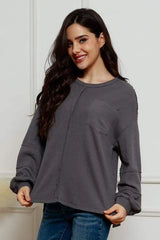 Waffle-Knit Exposed Seam Lantern Sleeve Blouse Charcoal Blouses - Tophatter Daily Deals