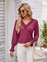 V-Neck Smocked Ruffled Long Sleeve Top Magenta Women's T-Shirts - Tophatter Daily Deals