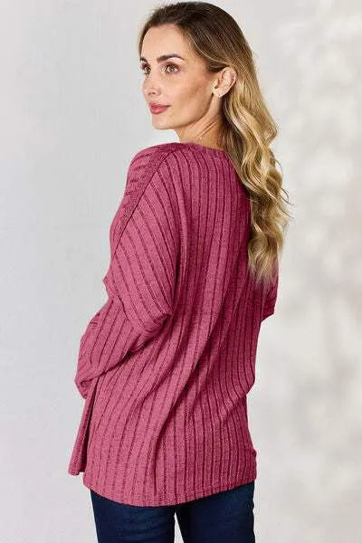 Basic Bae Full Size Ribbed Half Button Long Sleeve T-Shirt Women's T-Shirts - Tophatter Daily Deals