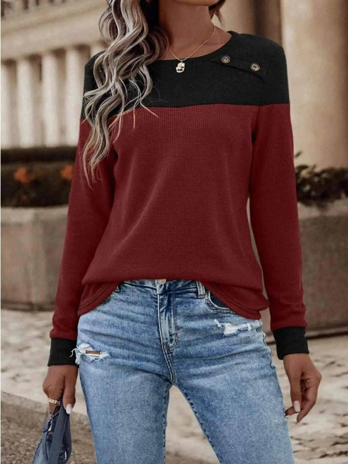 Contrast Buttoned Round Neck Long Sleeve T-Shirt Wine Women's T-Shirts - Tophatter Daily Deals