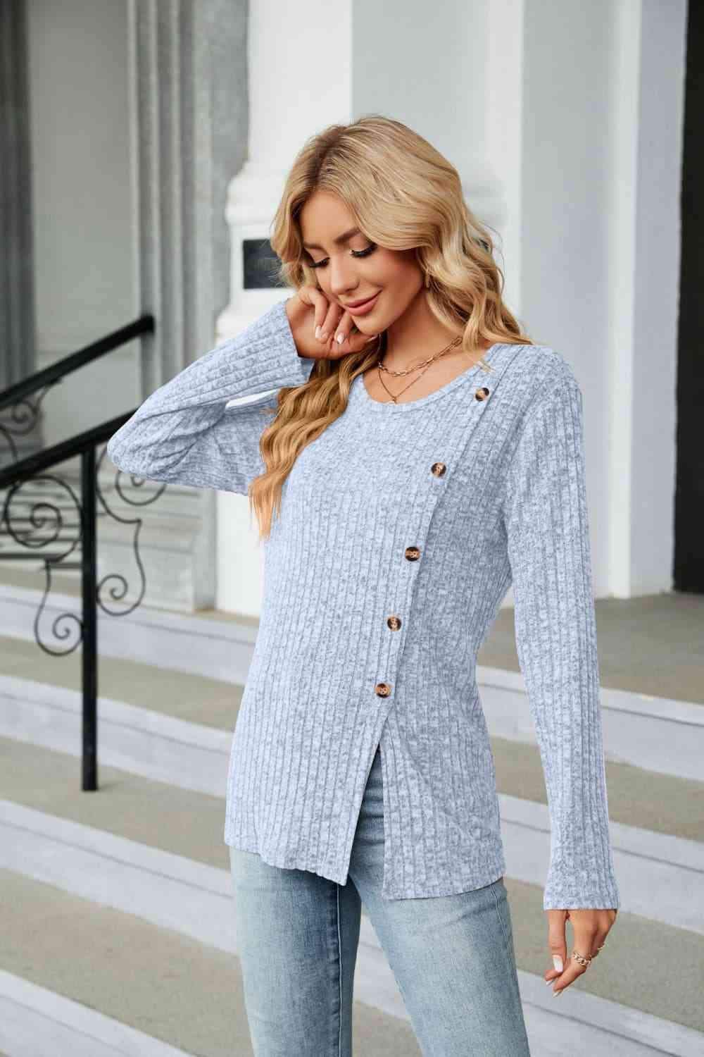 Buttoned Long Sleeve Slit Top Blouses - Tophatter Daily Deals