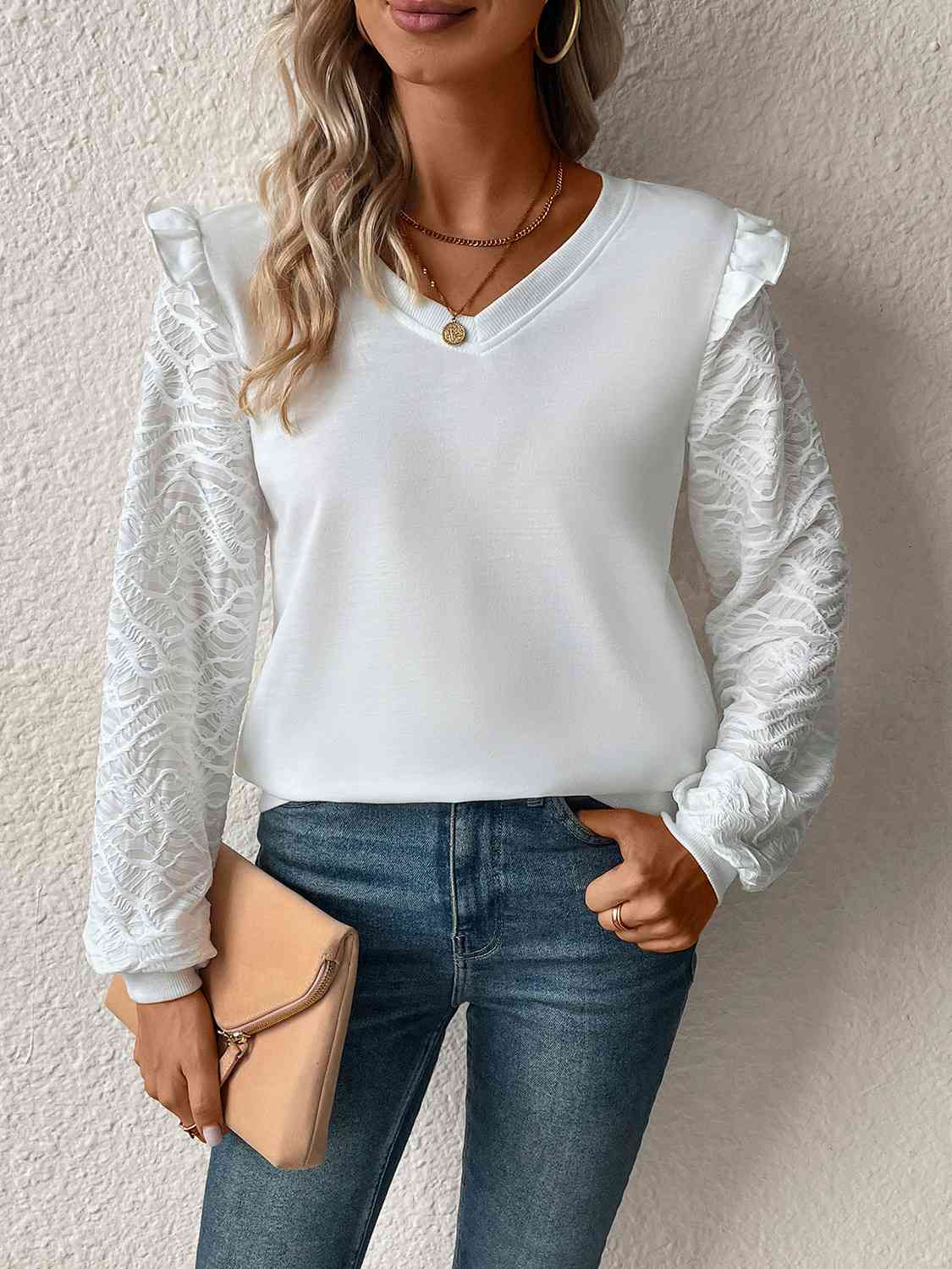 Textured V-Neck Long Sleeve Top Women's T-Shirts - Tophatter Daily Deals