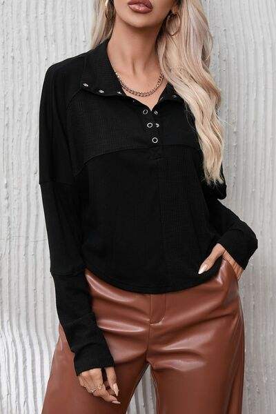 Ribbed Knit Henry Collar Loose Fitting Long Sleeve Top Blouses - Tophatter Daily Deals