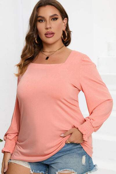 Plus Size Square Neck Lantern Sleeve T-Shirt Peach Women's T-Shirts - Tophatter Daily Deals