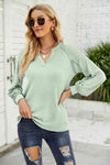 Waffle-Knit Spliced Lace Notched Top Blouses - Tophatter Daily Deals