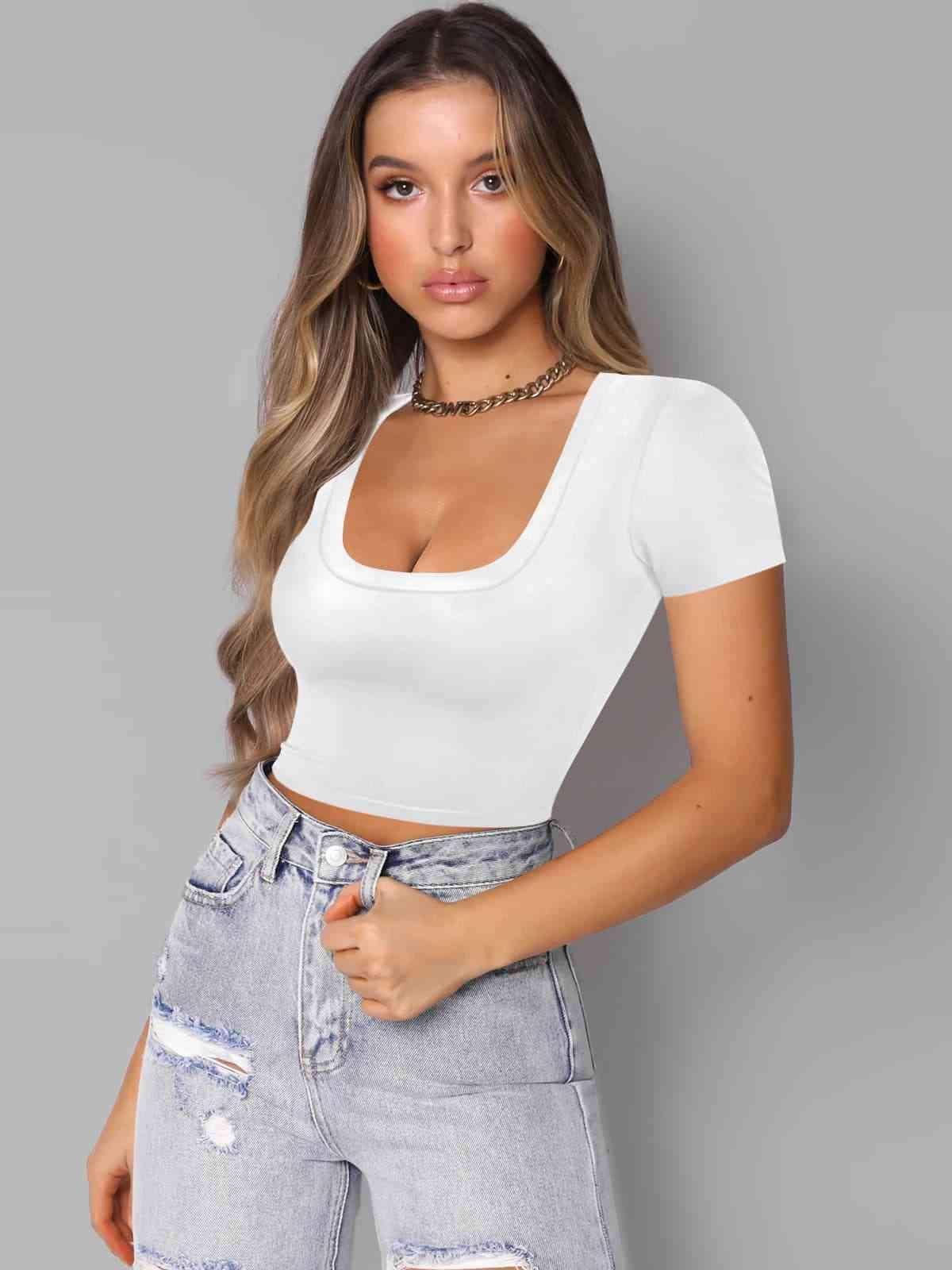 Square Neck Cropped T-Shirt White Blouses - Tophatter Daily Deals