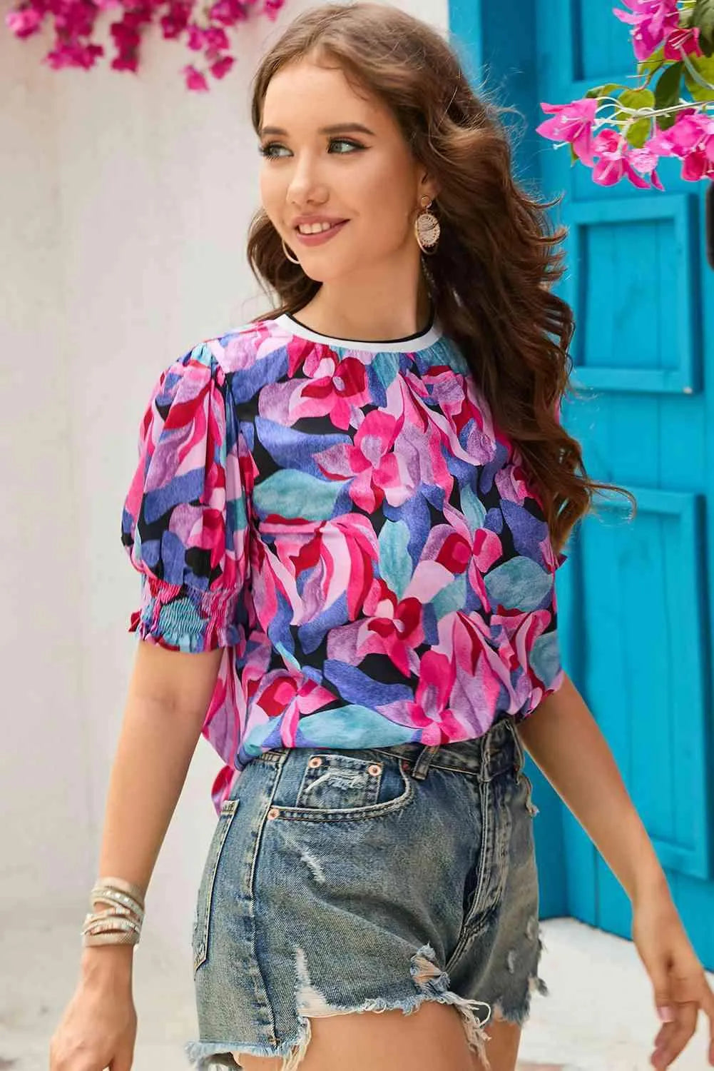 Floral Round Neck Puff Sleeve Top Blouses - Tophatter Daily Deals