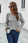 Buttoned Notched Neck Long Sleeve T-Shirt Cloudy Blue Women's T-Shirts - Tophatter Daily Deals