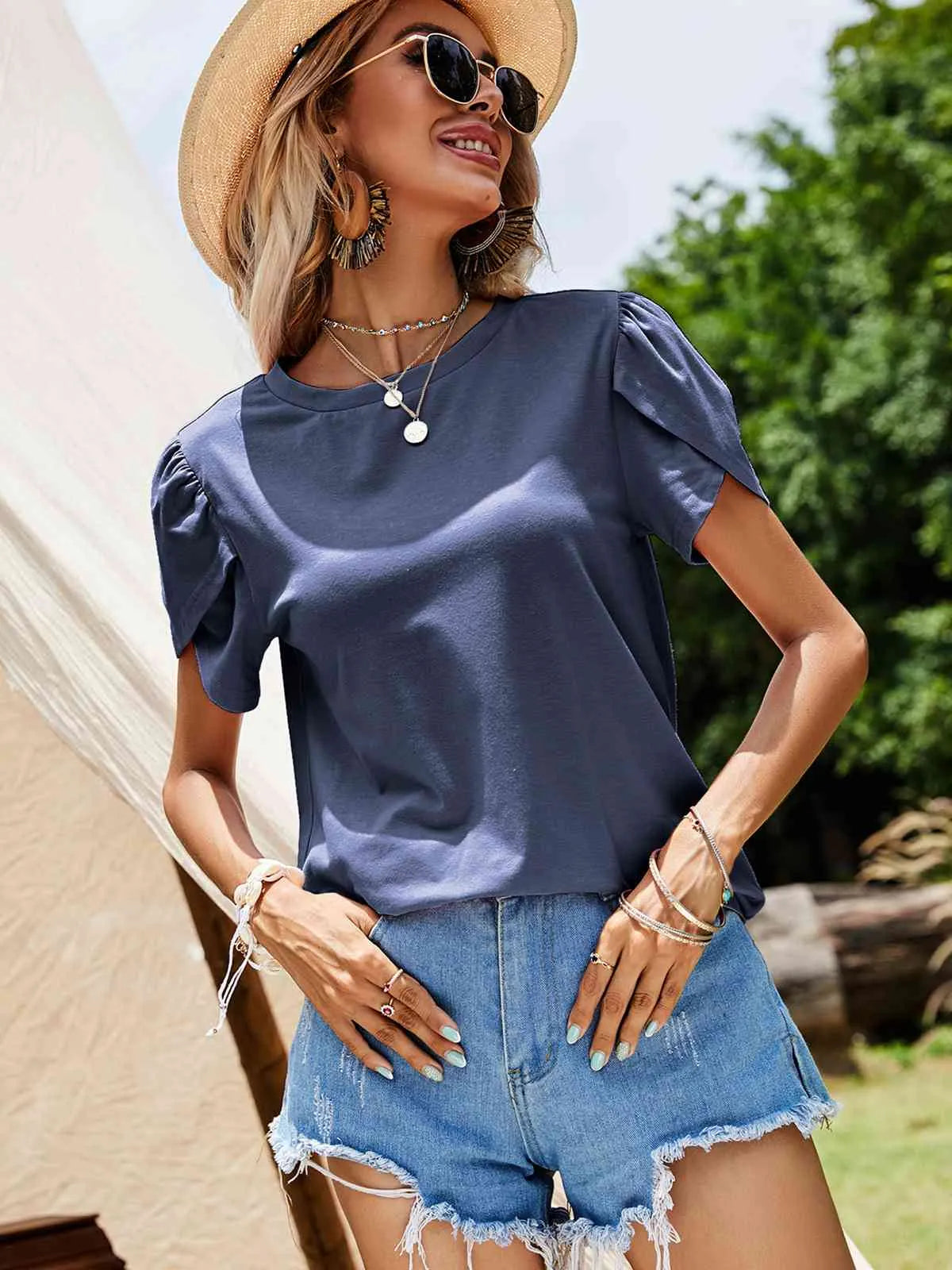 Petal Sleeve Round Neck Top Navy Blouses - Tophatter Daily Deals