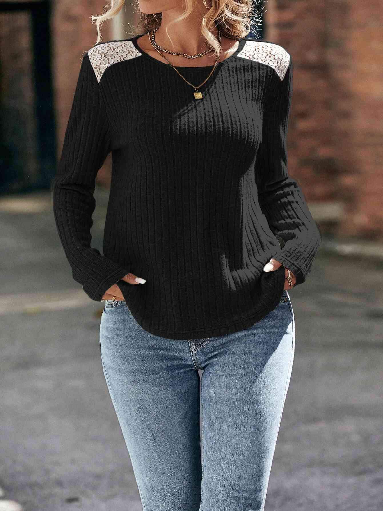 Round Neck Ribbed Long Sleeve T-Shirt Black Women's T-Shirts - Tophatter Daily Deals