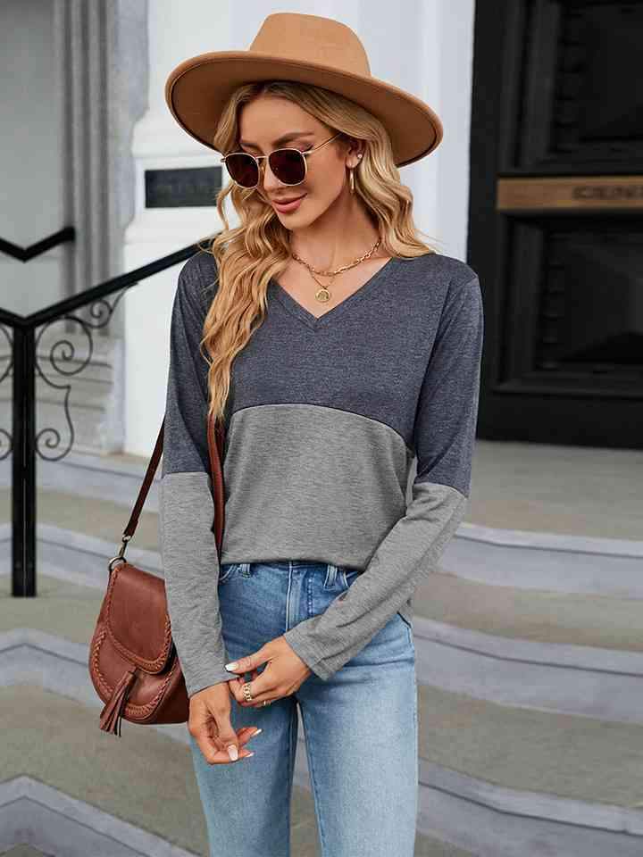 V-Neck Long Sleeve Two-Tone T-Shirt Women's T-Shirts - Tophatter Daily Deals