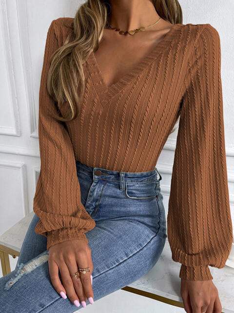 Ribbed V-Neck Lantern Sleeve Top Blouses - Tophatter Daily Deals