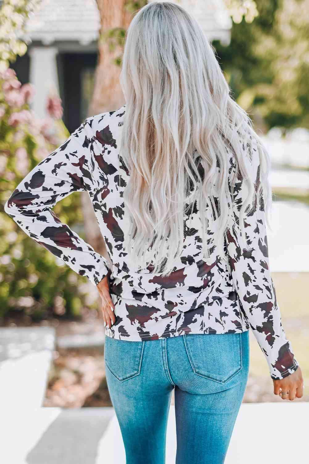 Cow Print Keyhole Long Sleeve Top Blouses - Tophatter Daily Deals