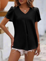 Ruche V-Neck Petal Sleeve Top Black Blouses - Tophatter Daily Deals