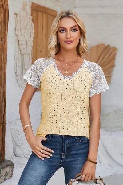 Eyelet V-Neck Lace Short Sleeve T-Shirt Women's T-Shirts - Tophatter Daily Deals