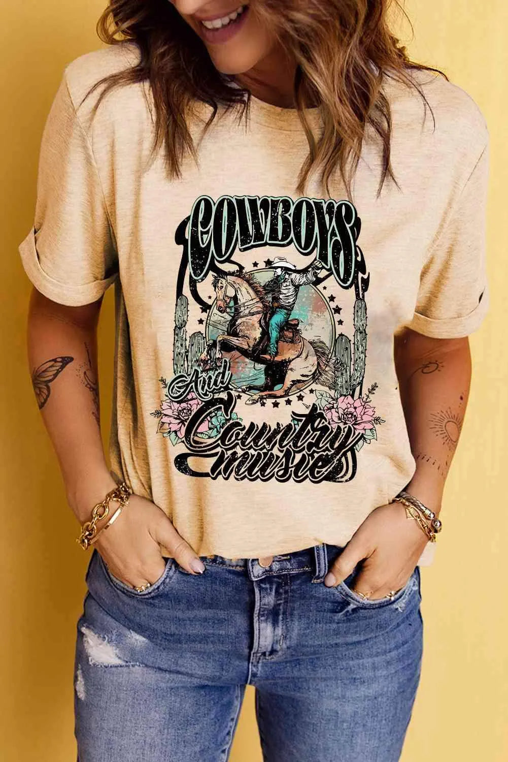 Short Sleeve Round Neck Cowboy Graphic Tee - Tophatter Daily Deals