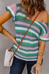 Striped Short Flutter Sleeve Knit Top Mid Green Blouses - Tophatter Daily Deals