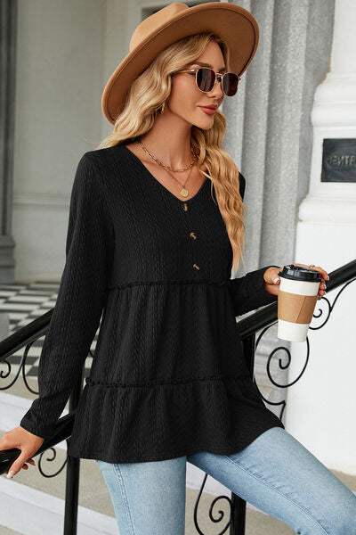 Frill V-Neck Long Sleeve T-Shirt Women's T-Shirts - Tophatter Daily Deals