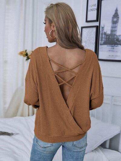 Waffle-Knit Crisscross Long Sleeve T-Shirt Women's T-Shirts - Tophatter Daily Deals