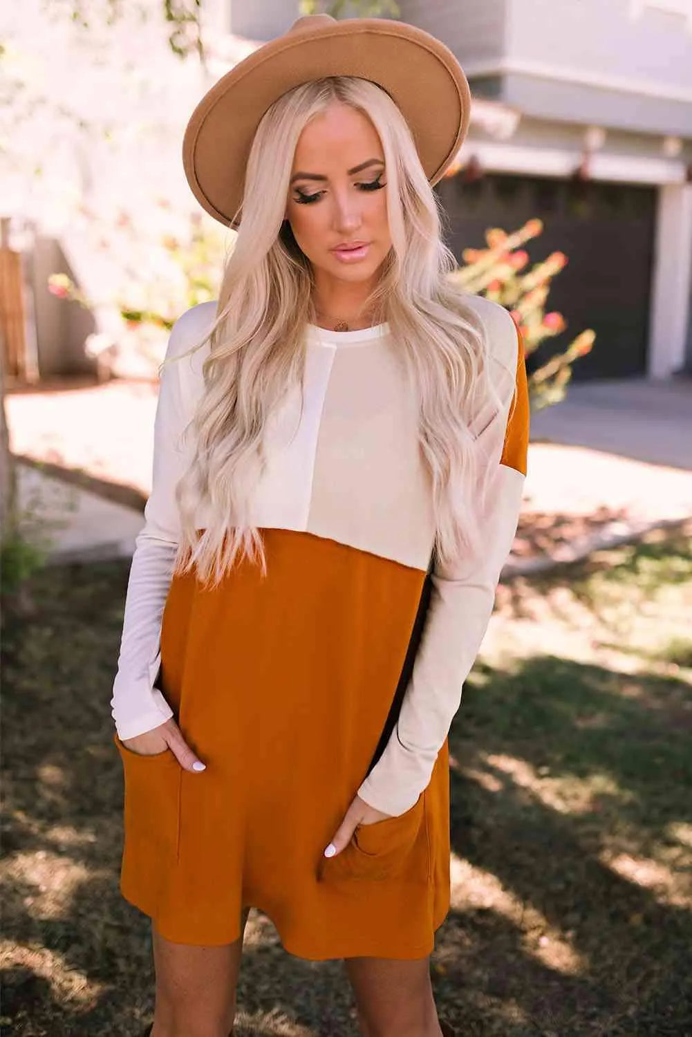 Color Block Round Neck Longline Top with Pockets Blouses - Tophatter Daily Deals