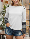 Geometric Waffle-Knit Buttoned Round Neck T-Shirt White Women's T-Shirts - Tophatter Daily Deals