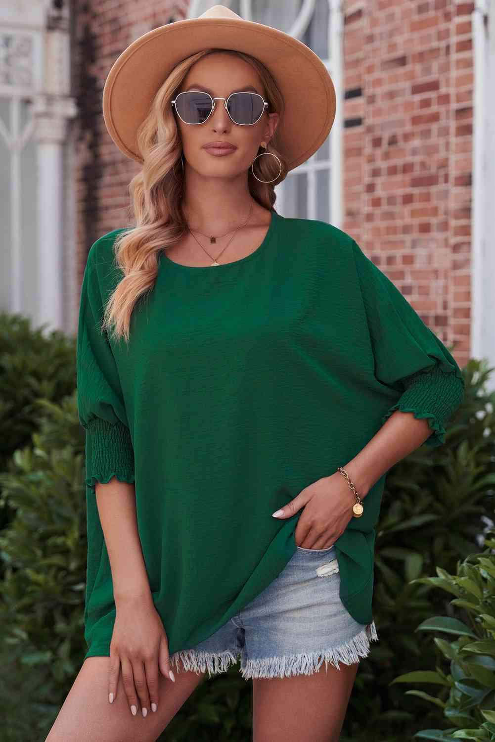 Round Neck Dolman Sleeve Textured Blouse Forest Blouses - Tophatter Daily Deals