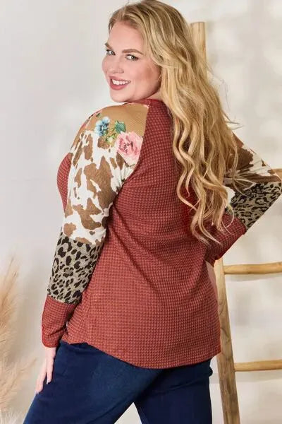 Hailey & Co Full Size Leopard Waffle-Knit Blouse Blouses - Tophatter Daily Deals
