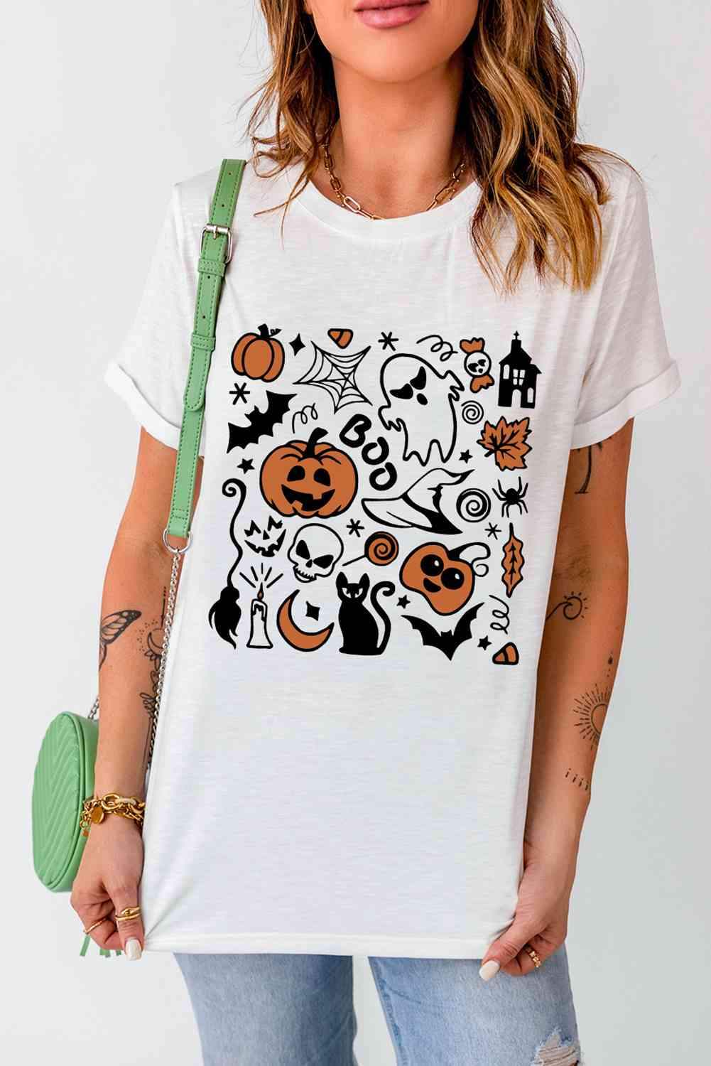 Halloween Graphic Short Sleeve T-Shirt White Women's T-Shirts - Tophatter Daily Deals