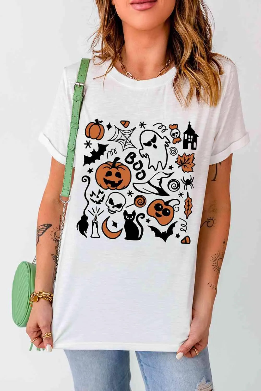 Halloween Graphic Short Sleeve T-Shirt White Women's T-Shirts - Tophatter Daily Deals