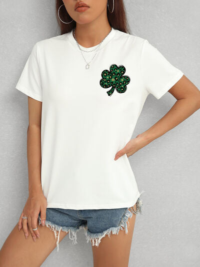 Lucky Clover Round Neck Short Sleeve T-Shirt White Women's T-Shirts - Tophatter Daily Deals