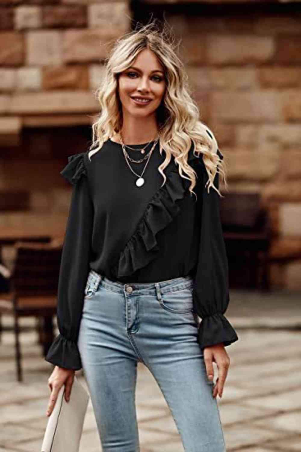 Ruffled Round Neck Long Sleeve Top Blouses - Tophatter Daily Deals