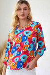 Floral V-Neck Three-Quarter Sleeve Top Deep Rose Blouses - Tophatter Daily Deals