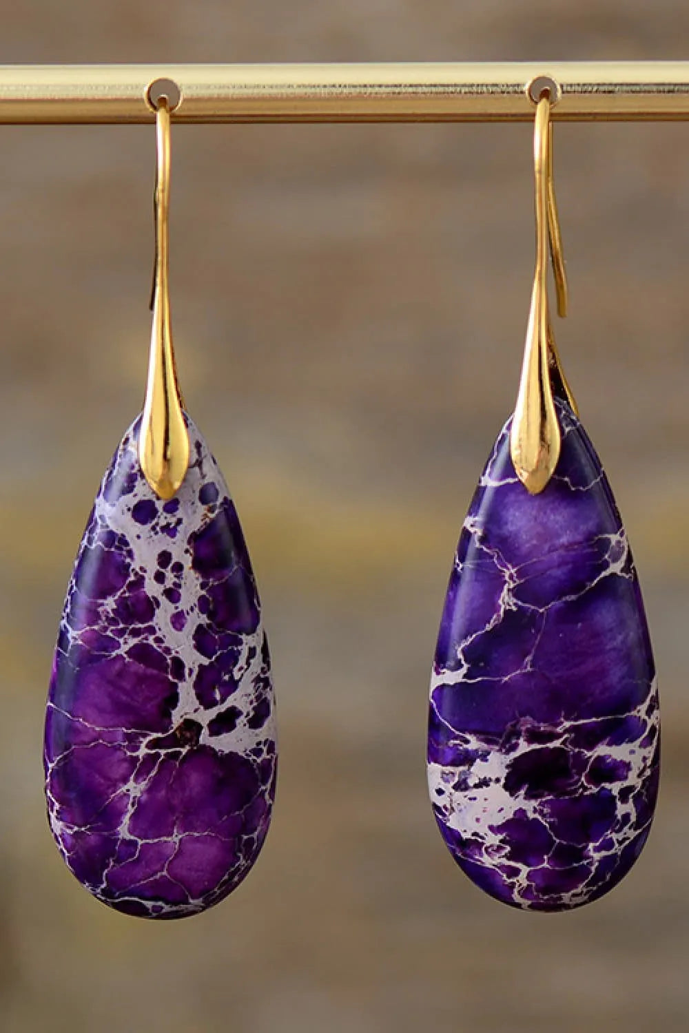 Handmade Teardrop Shape Natural Stone Dangle Earrings Purple Gold One Size Earrings - Tophatter Daily Deals