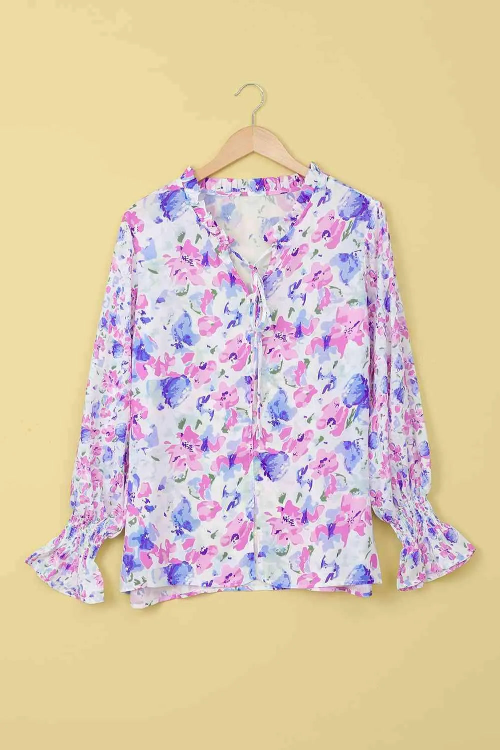 Floral Frill Trim Tie Neck Flounce Sleeve Blouse Blouses - Tophatter Daily Deals