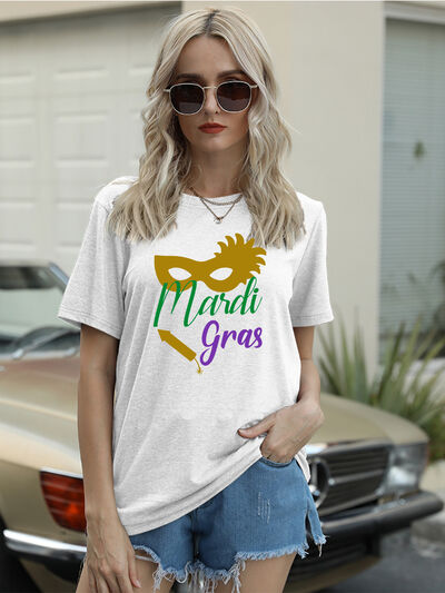 Full Size MARDI GRAS Round Neck Short Sleeve T-Shirt White Women's T-Shirts - Tophatter Daily Deals