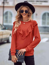 Ruffled Round Neck Long Sleeve Top Red Orange Blouses - Tophatter Daily Deals