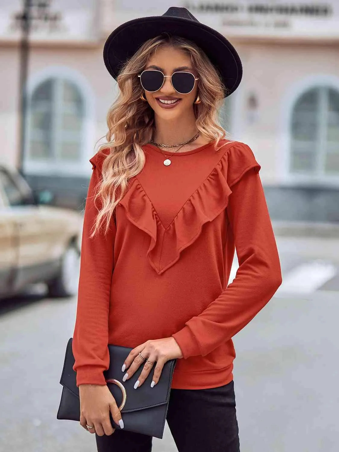 Ruffled Round Neck Long Sleeve Top Red Orange Blouses - Tophatter Daily Deals