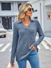 Ribbed Notched Long Sleeve T-Shirt with Pocket Women's T-Shirts - Tophatter Daily Deals