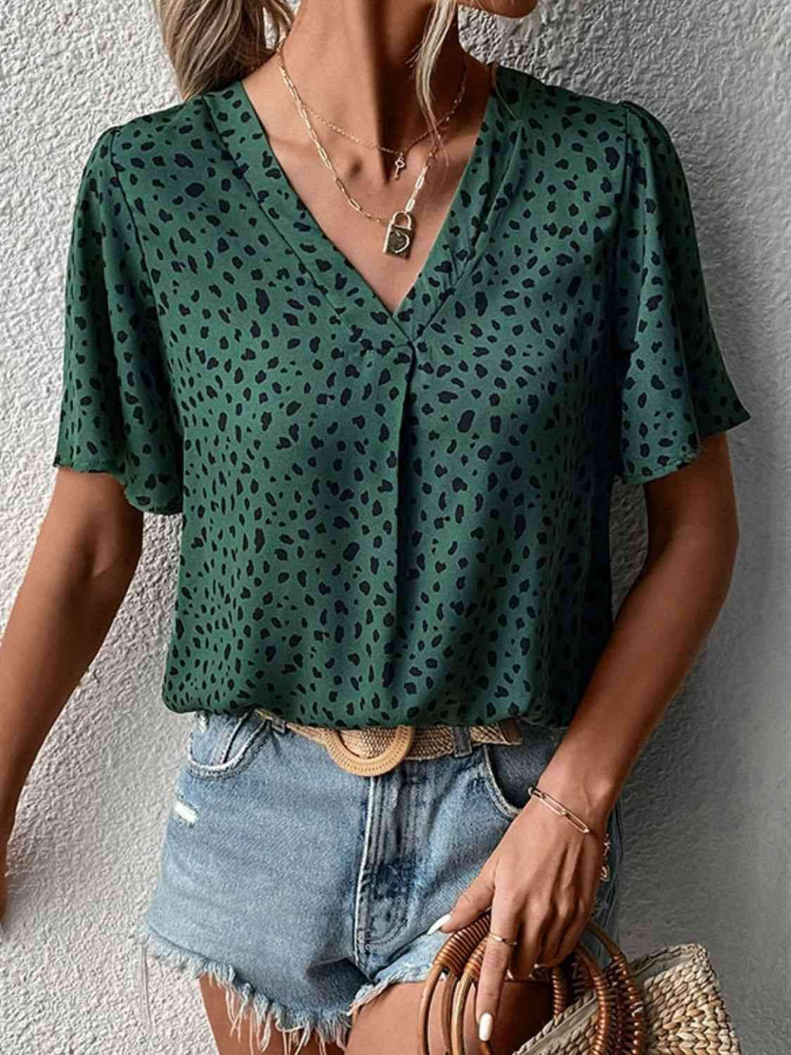 Animal Print V-Neck Flutter Sleeve Blouse Forest Blouses - Tophatter Daily Deals