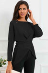 Boat Neck Back Tie Long Sleeve Satin Blouse Black Blouses - Tophatter Daily Deals