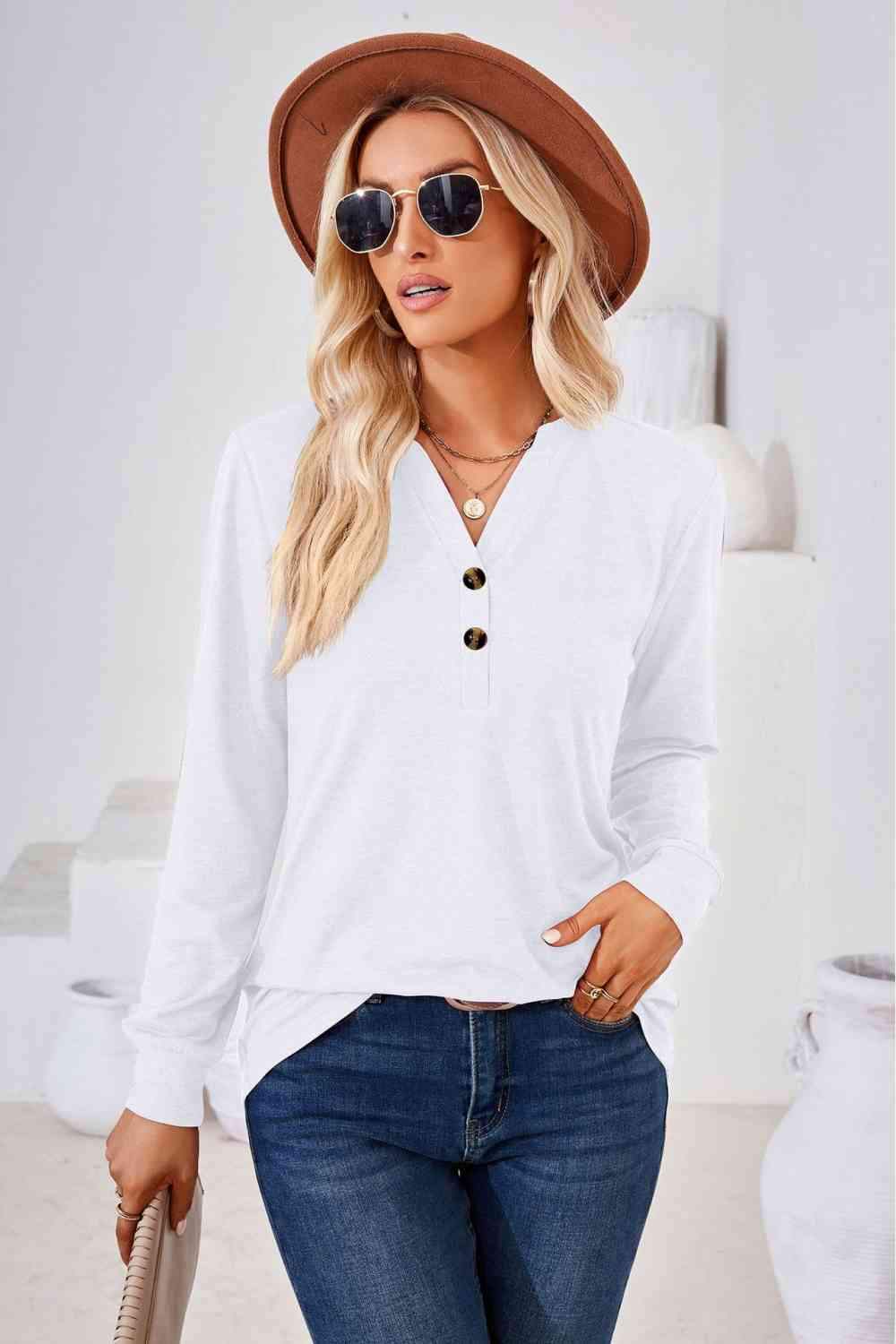 V-Neck Buttoned Long Sleeve Blouse Blouses - Tophatter Daily Deals