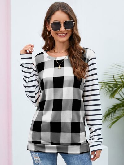 Plaid Striped Round Neck Long Sleeve T-Shirt Women's T-Shirts - Tophatter Daily Deals