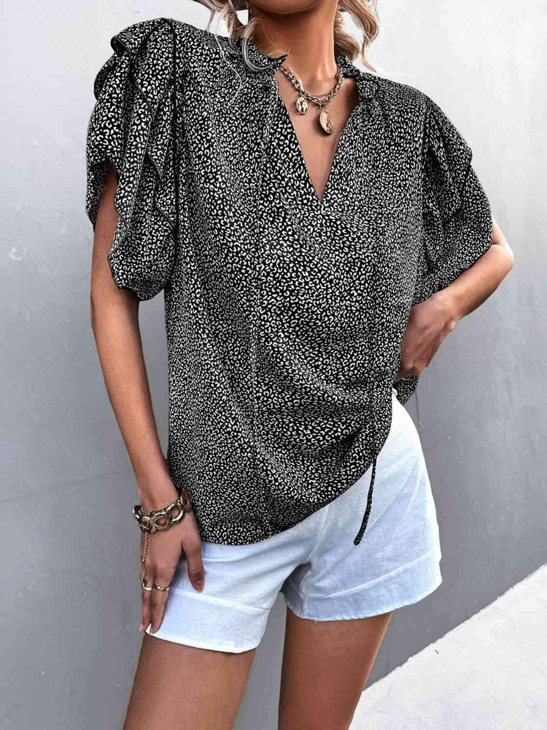 Printed Flutter Sleeve V-Neck Top Blouses - Tophatter Daily Deals