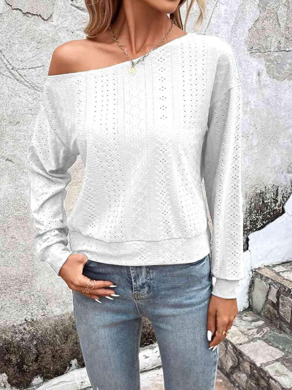 Eyelet Dropped Shoulder Blouse White Blouses - Tophatter Daily Deals