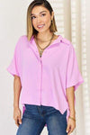 Zenana Texture Button Up Short Sleeve High-Low Shirt Mauve Blouses - Tophatter Daily Deals