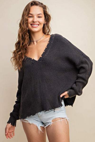 Kori America Distressed V-Neck Sweater Black Blouses - Tophatter Daily Deals