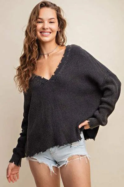 Kori America Distressed V-Neck Sweater Black Blouses - Tophatter Daily Deals