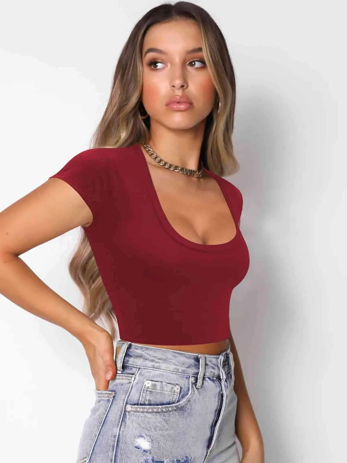 Square Neck Cropped T-Shirt Blouses - Tophatter Daily Deals