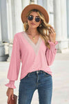 Contrast V-Neck Flounce Sleeve Top Pink Blouses - Tophatter Daily Deals