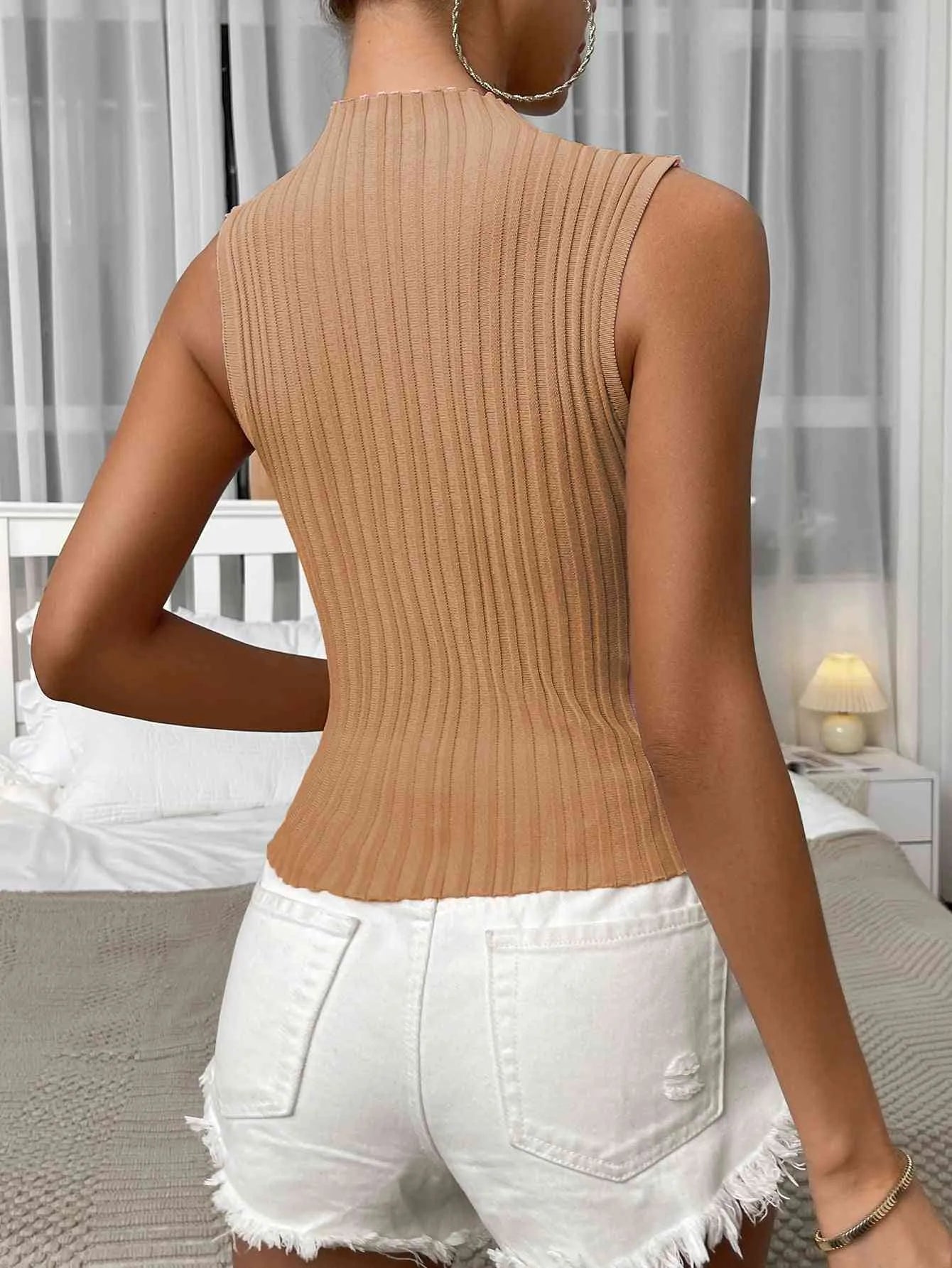 Mock Neck Ribbed Knit Tank Blouses - Tophatter Daily Deals